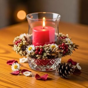 Rustic Red Glass Candle with Dried Floral Wreath